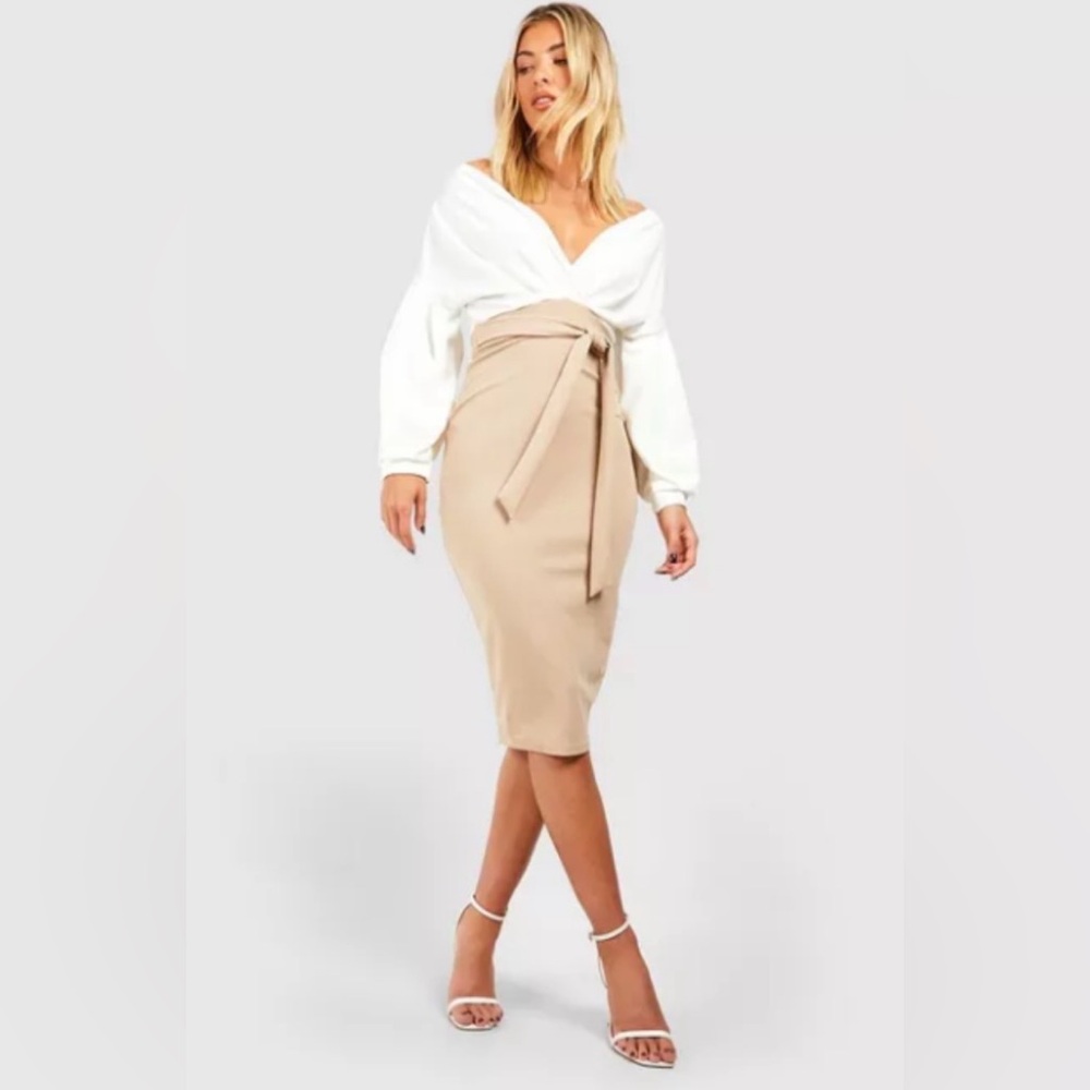 Contrast Off Shoulder Wrap Midi Dress